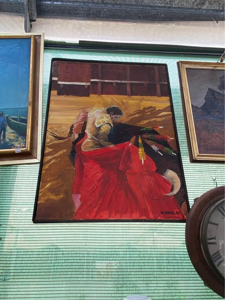 Óleo taurino 1 Óleo taurino firmado , escena de faena con capote en plaza de toros.