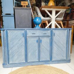 Blue Vintage Solid Wood Sideboard with Diagonal Texture, 175 × 48 × 92 cm. Doors and drawers for storage.
