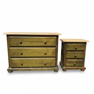 Olive green chest of drawers and table