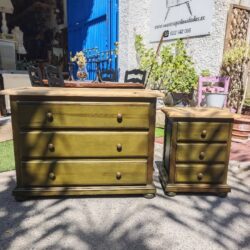 Chest of drawers and nightstand in olive green wood with natural top