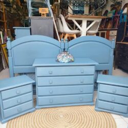 Blue wooden bedroom set: two headboards, comfortable 4 drawers and two tables.