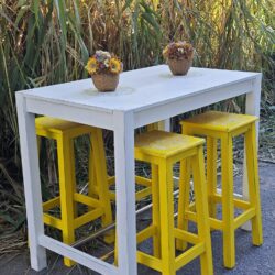 Rectangular wooden high table with white decapé finish and hand-painted decorative design.