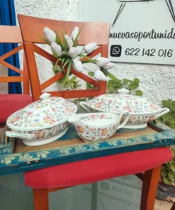 La vajilla Haddon Hall, fabricada por la prestigiosa marca inglesa Minton y en algunos modelos por Royal Doulton, es una colección de porcelana fina decorada con motivos florales multicolores. Su diseño está inspirado en los jardines de la histórica mansión Haddon Hall, ubicada en Derbyshire, Inglaterra, lo que le confiere un aire romántico y atemporal. Las piezas suelen presentar un fondo blanco con ribetes verdes y una decoración de flores silvestres en tonos suaves, como rosas, lilas y azules, distribuidas con elegancia por toda la superficie. Esta vajilla se produce en porcelana de ceniza