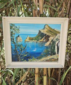 Oleo original firmada por Dalia, que representa un paisaje costero con acantilado y mar en calma. Estilo impresionista con pinceladas texturizadas. Medidas: 49 × 40 cm.