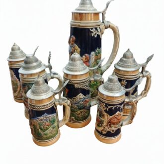 Juego de 7 Jarras de Cerveza Alemanas Vintage con Tapa de Zinc