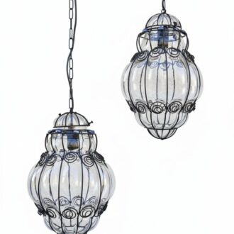 Pareja de Faroles Venecianos de Cristal Soplado y Forja Artesanal - Lámparas de Techo estilo Italianas
