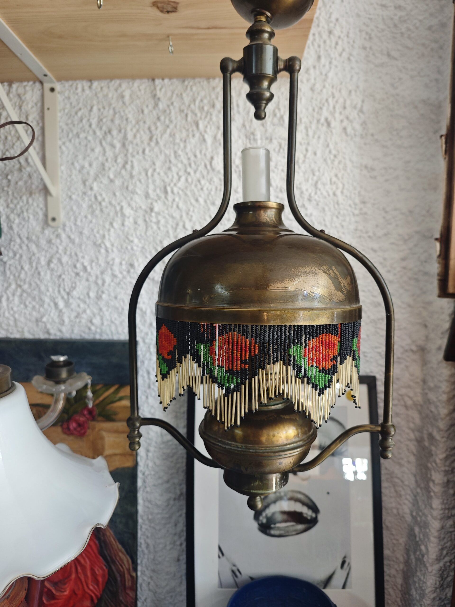 Lámpara de Techo Vintage en latón con Pantalla de Flecos de Cuentas y Flores 2 Lámpara de Techo Vintage en latón con Pantalla de Flecos de Cuentas y Flores - Imagen 2