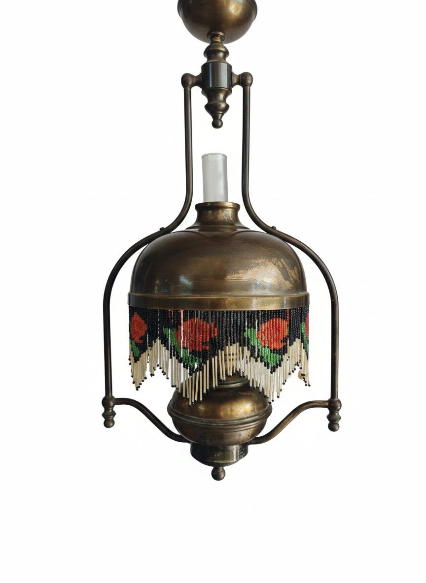 Lámpara de Techo Vintage en latón con Pantalla de Flecos de Cuentas y Flores 1 Lámpara de Techo Vintage en latón con Pantalla de Flecos de Cuentas y Flores