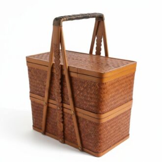 Cesta de Picnic Japonesa Artesanal de Bambú Trenzado con Doble Compartimento