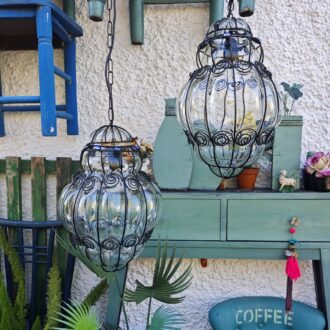 Pair of Handcrafted Forged and Blown Glass Venetian Lanterns – Italian Style Ceiling Lamps – photo 2