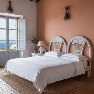 Cabeceros y Mesita de Noche en Mimbre Blanco - Conjunto de Dormitorio Vintage 11 1000482304