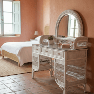 Escritorio Tocador de Mimbre Blanco con Espejo - Estilo Vintage Mediterráneo 9 1000482484