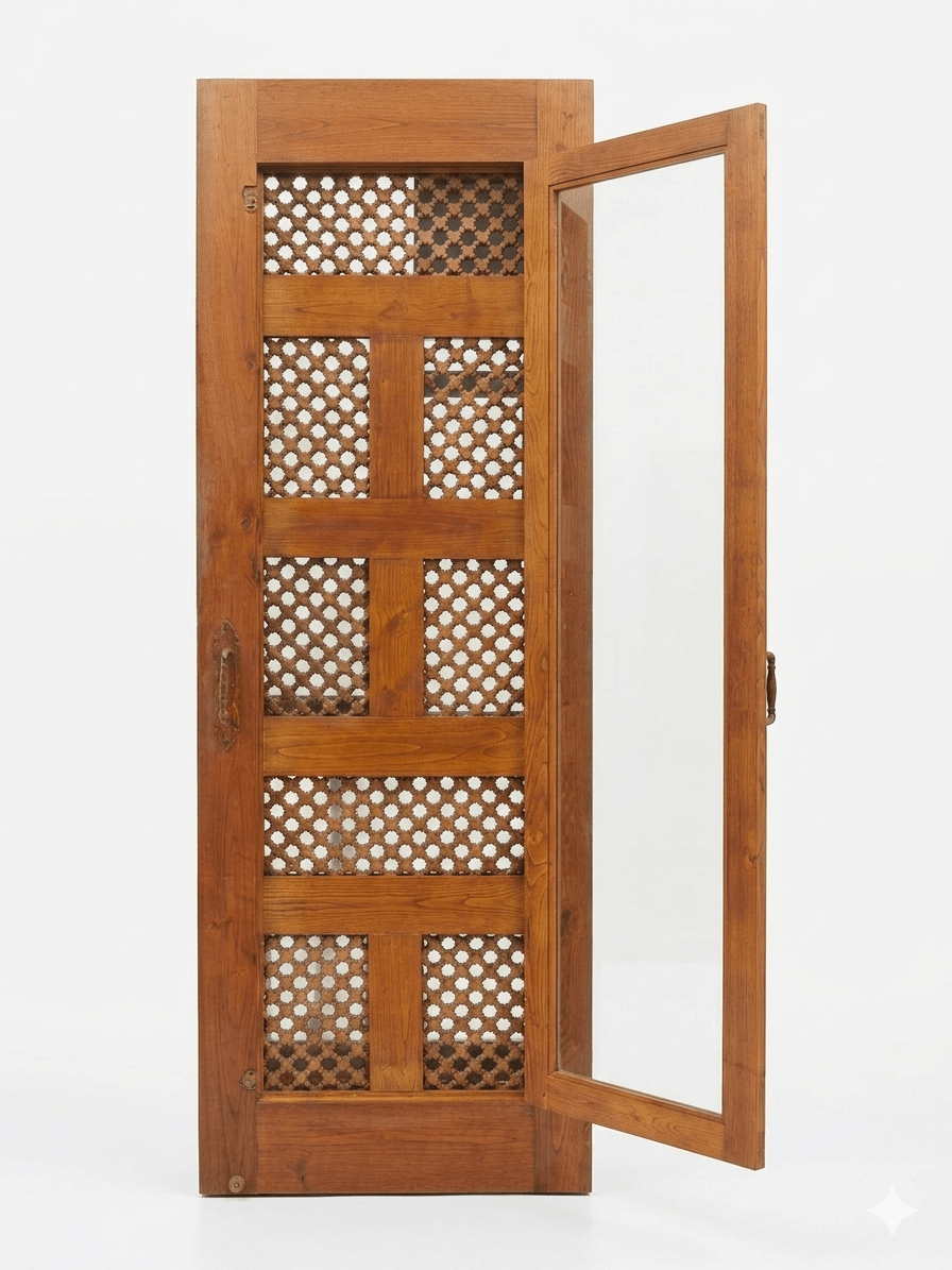 Puerta de Madera Maciza con Celosía Marroquí y Contraventana de Cristal Estilo Árabe Artesanal 2 Puerta de Madera Maciza con Celosía Marroquí y Contraventana de Cristal Estilo Árabe Artesanal - Imagen 2