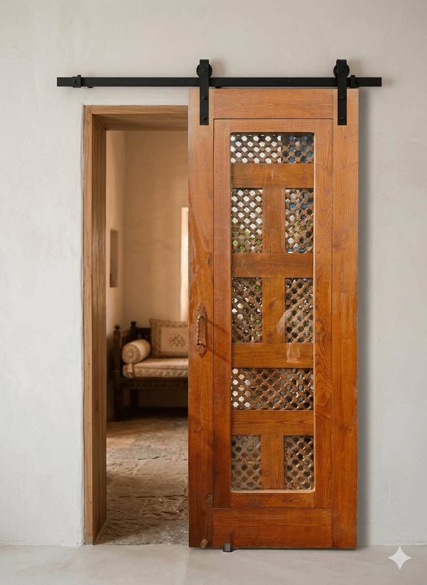 Puerta de Madera Maciza con Celosía Marroquí y Contraventana de Cristal Estilo Árabe Artesanal 5 Puerta de Madera Maciza con Celosía Marroquí y Contraventana de Cristal Estilo Árabe Artesanal - Imagen 5