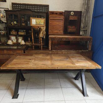 Mesa de Comedor de Madera de Olmo Recuperada con Patas de Vigas de Hierro en X 11 1000499768 2