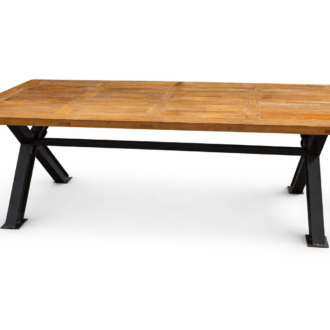 Mesa de Comedor de Madera de Olmo Recuperada con Patas de Vigas de Hierro en X