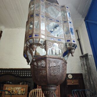 Lámpara Árabe Gigante de Metal Calado y Cristal Azul 14 1000503083