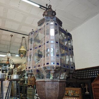 Lámpara Árabe Gigante de Metal Calado y Cristal Azul 16 1000503085