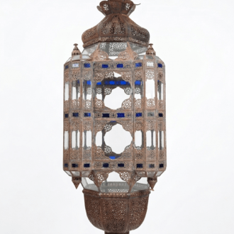 Lámpara Árabe Gigante de Metal Calado y Cristal Azul