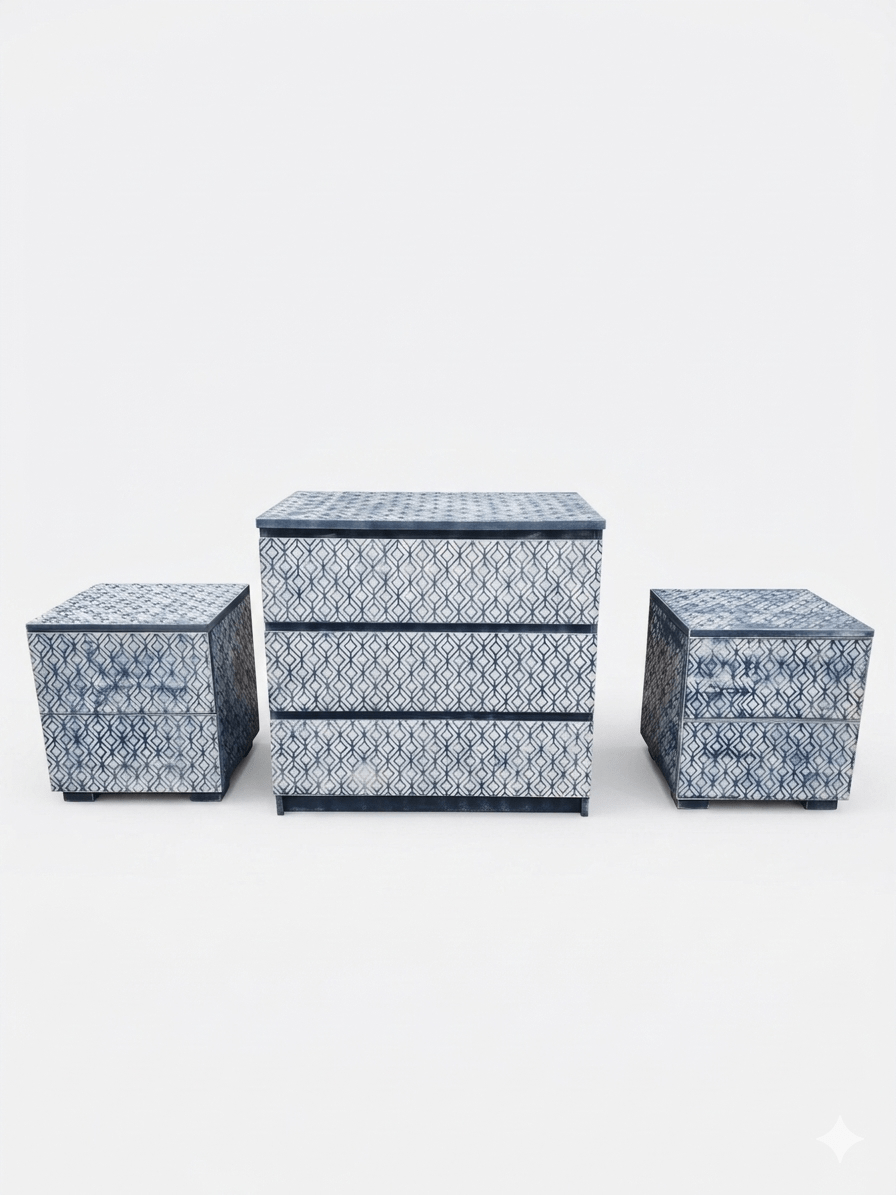 Conjunto de Dormitorio de Cómoda y Mesitas de Noche con Estampado Geométrico 1 Conjunto de Dormitorio