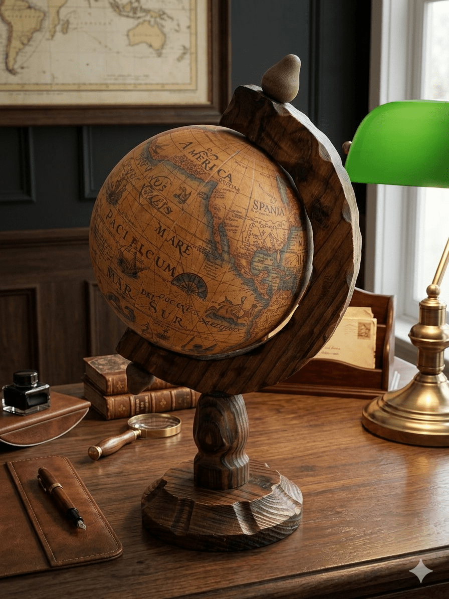 Globo Terráqueo Vintage de Madera Tallada - Estilo Cartografía Antigua 3 Globo Terráqueo Vintage de Madera Tallada - Estilo Cartografía Antigua - Imagen 3