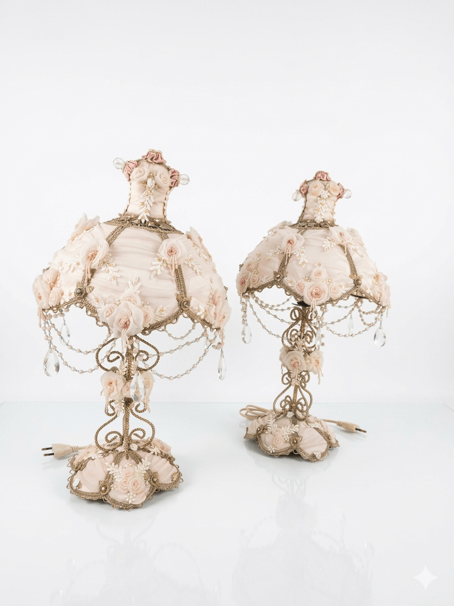 Pareja de Lámparas Vintage Estilo Shabby Chic con Cristales y Rosas 1 Pareja de Lámparas Vintage Estilo Shabby Chic con Cristales y Rosas