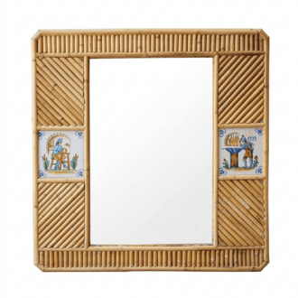 Vintage Bamboo and Rattan Mirror with Hand Painted Ceramic Tiles