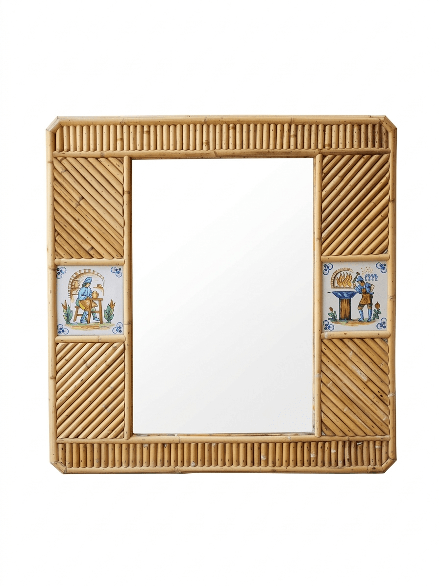 Espejo Vintage de Bambú y Ratán con Azulejos Cerámicos Pintados a Mano 1 Espejo Vintage de Bambú y Ratán con Azulejos Cerámicos Pintados a Mano