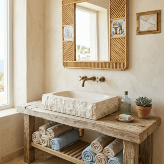 Espejo Vintage de Bambú y Ratán con Azulejos Cerámicos Pintados a Mano 8 1000508328