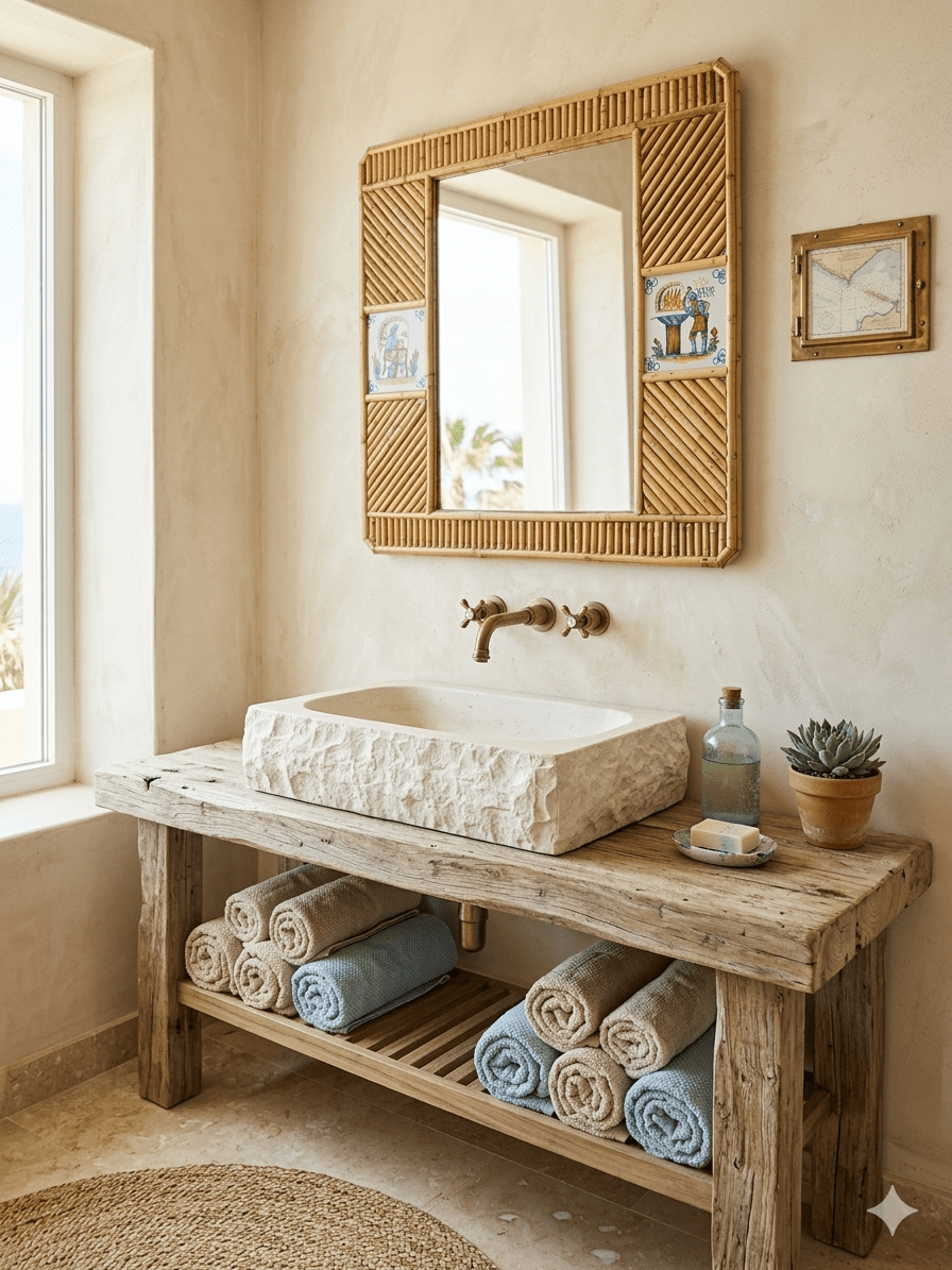 Espejo Vintage de Bambú y Ratán con Azulejos Cerámicos Pintados a Mano 3 Espejo Vintage de Bambú y Ratán con Azulejos Cerámicos Pintados a Mano - Imagen 3