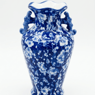 Blue and White Porcelain Vase Chinoiserie Style - Curled Edge and Handles