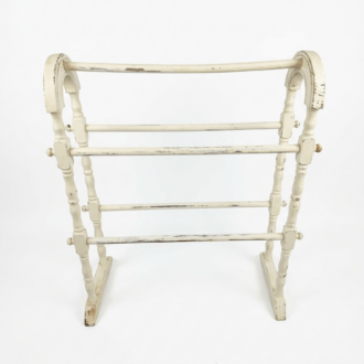 Vintage Turned Wood Standing Towel Rack with Pickled White Shabby Chic Finish.