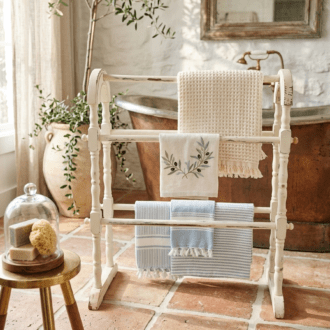 Vintage Turned Wood Standing Towel Rack with Pickled White Shabby Chic Finish 9 1000509904