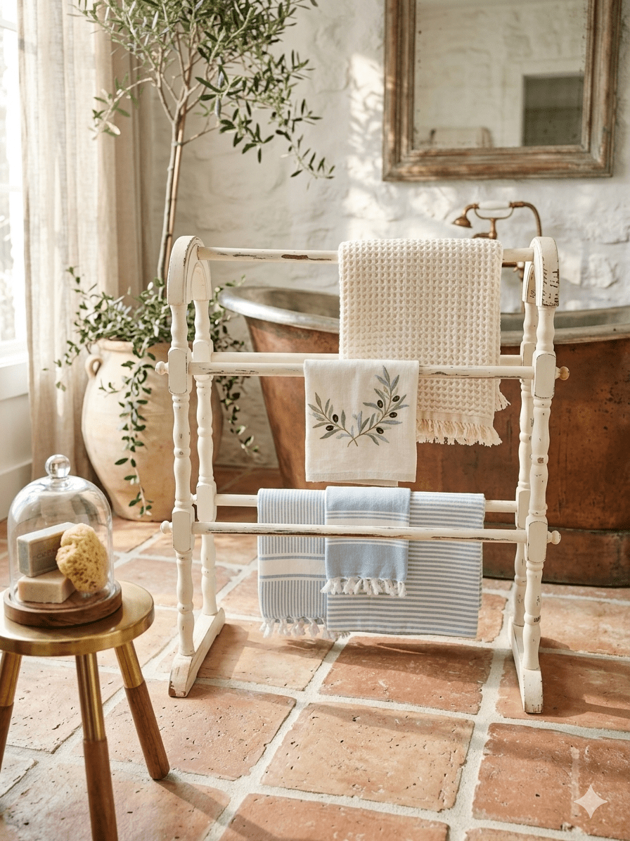 TVintage Turned Wood Standing Towel Rack with Pickled White Shabby Chic Finish5Image Toallero de Pie Vintage de Madera Torneada con Acabado Shabby Chic Blanco Decapado - Image 5