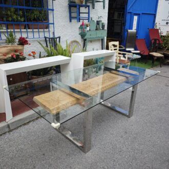 Mesa Comedor de Cristal base de metal talla madera Contemporánea 11 1000510816