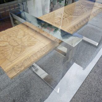 Mesa Comedor de Cristal base de metal talla madera Contemporánea 13 1000510817