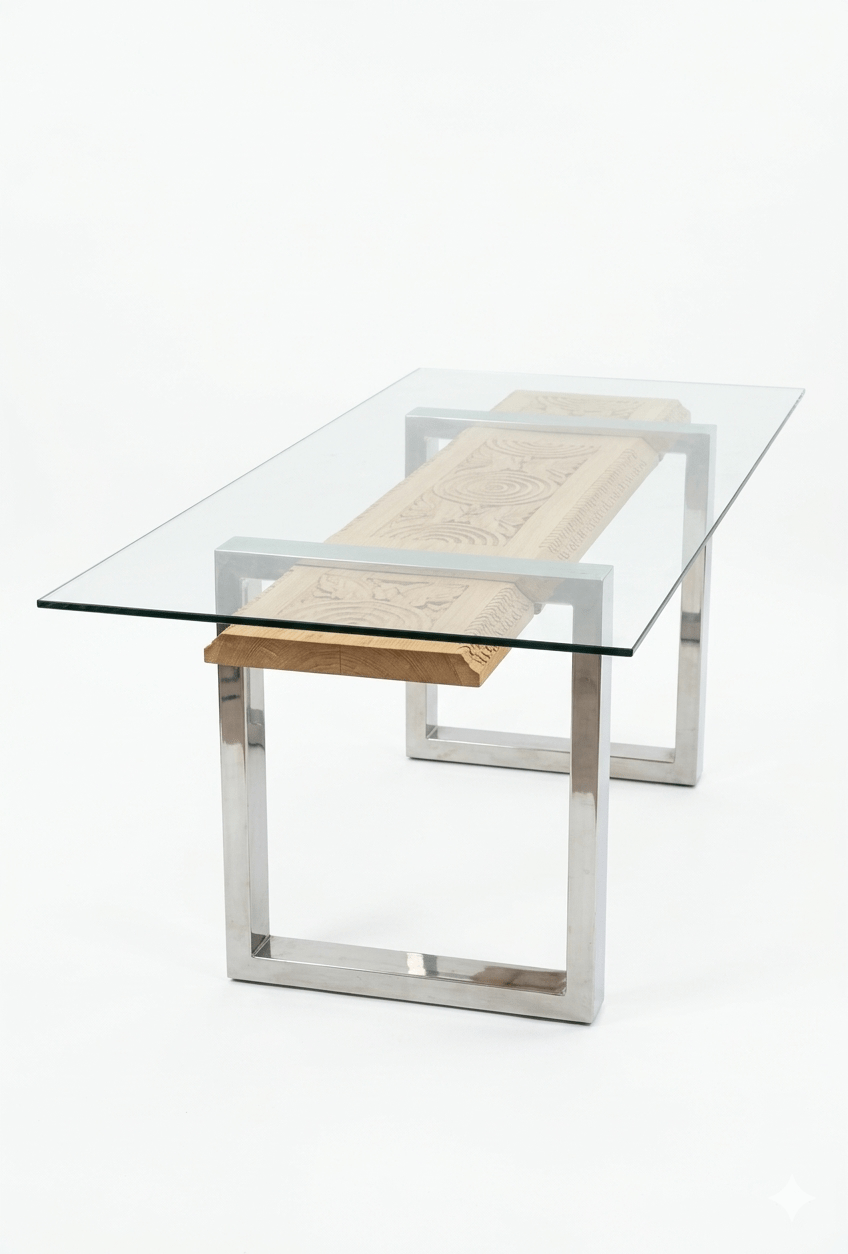 Mesa Comedor de Cristal base de metal talla madera Contemporánea 1 Mesa Comedor de Cristal