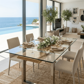 Mesa Comedor de Cristal base de metal talla madera Contemporánea 10 1000511052