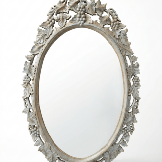 Antique Oval Mirror in Carved Wood with Fruits and Grapes