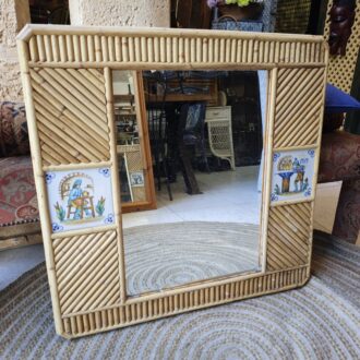 Vintage Bamboo and Rattan Mirror with Hand Painted Ceramic Tiles – photo 2