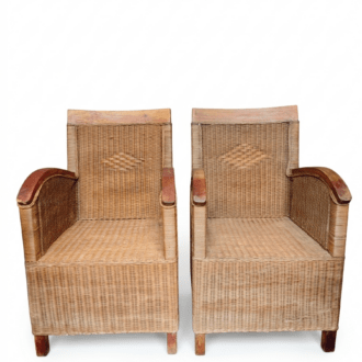 Pair of Colonial Armchairs in Rattan and Wood