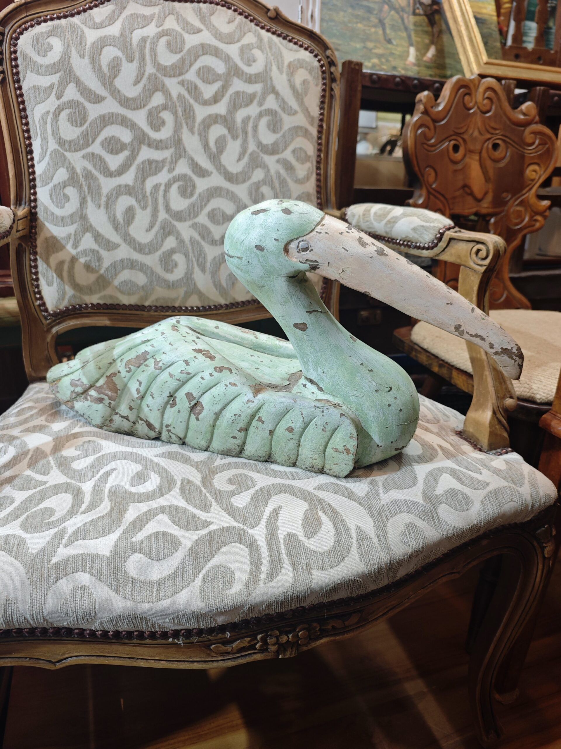 Pelícano De Madera Tallada A Mano Vintage Decapado 4 Pelícano De Madera Tallada A Mano Vintage Decapado - Imagen 4