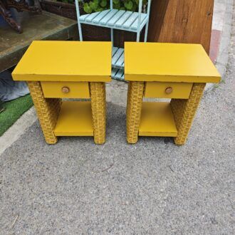 Mesitas de Noche Vintage de Ratán Color Mostaza con Cajón 16 1000535686