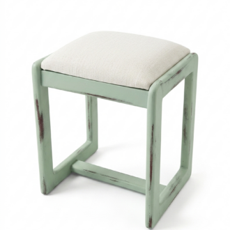 Vintage Water Green Stool with Ivory White Upholstery