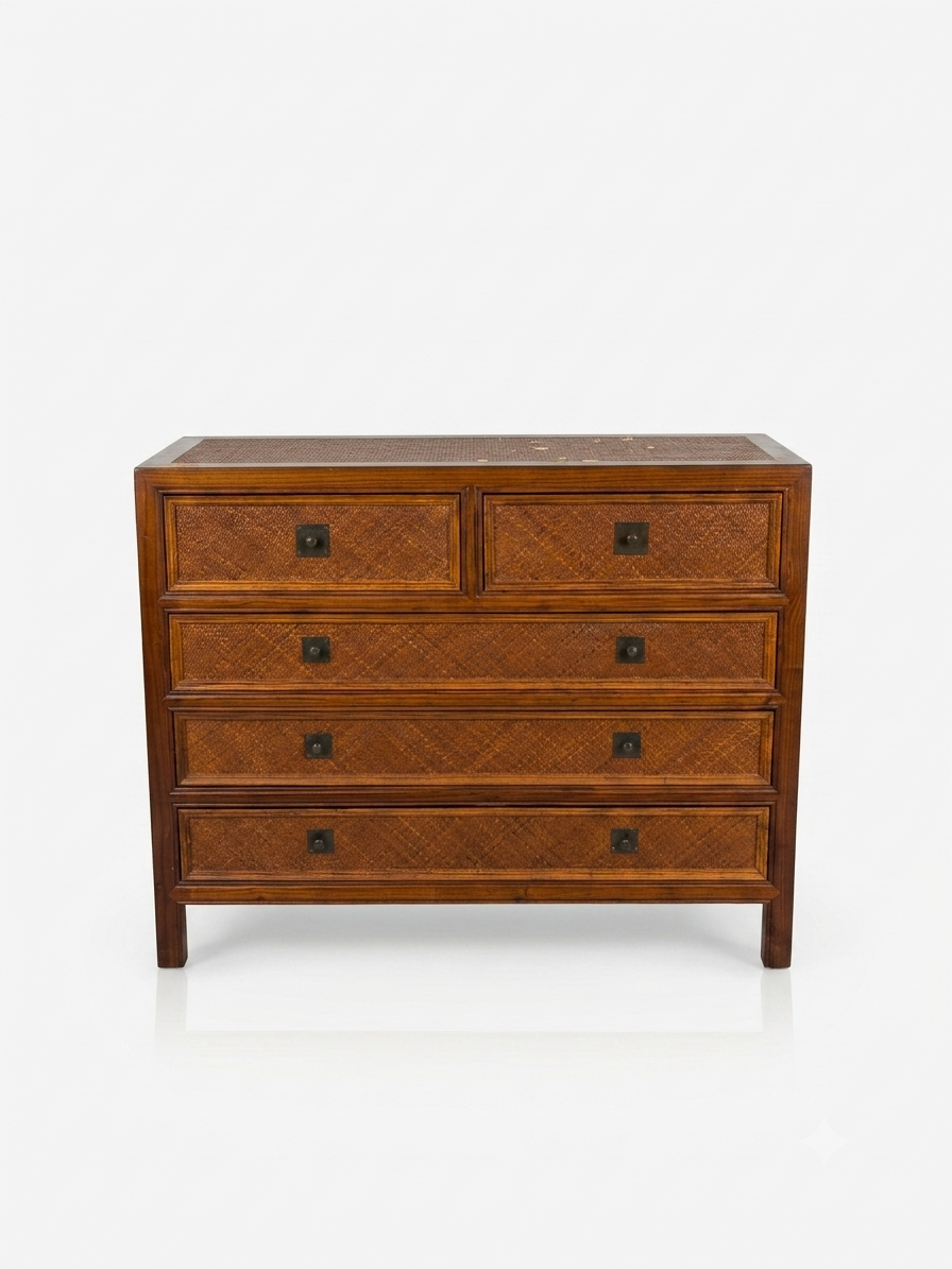 Cómoda ratán y madera estilo colonial 5 cajones 1 Cómoda ratán y madera estilo colonial 5 cajones