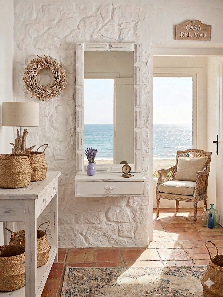 Espejo de Pared Castellano Blanco Shabby Chic con Cajón 1 Espejo de Pared Castellano Blanco Shabby Chic con Cajón