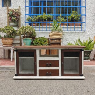 Aparador Rústico Bicolor Blanco Envejecido y Madera con Puertas de Rejilla y Cajones 7 1000606232