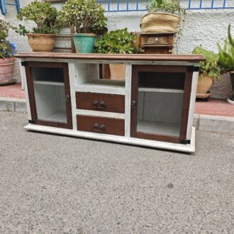 Aparador Rústico Bicolor Blanco Envejecido y Madera con Puertas de Rejilla y Cajones 10 1000606233