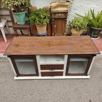 Aparador Rústico Bicolor Blanco Envejecido y Madera con Puertas de Rejilla y Cajones 11 1000606236