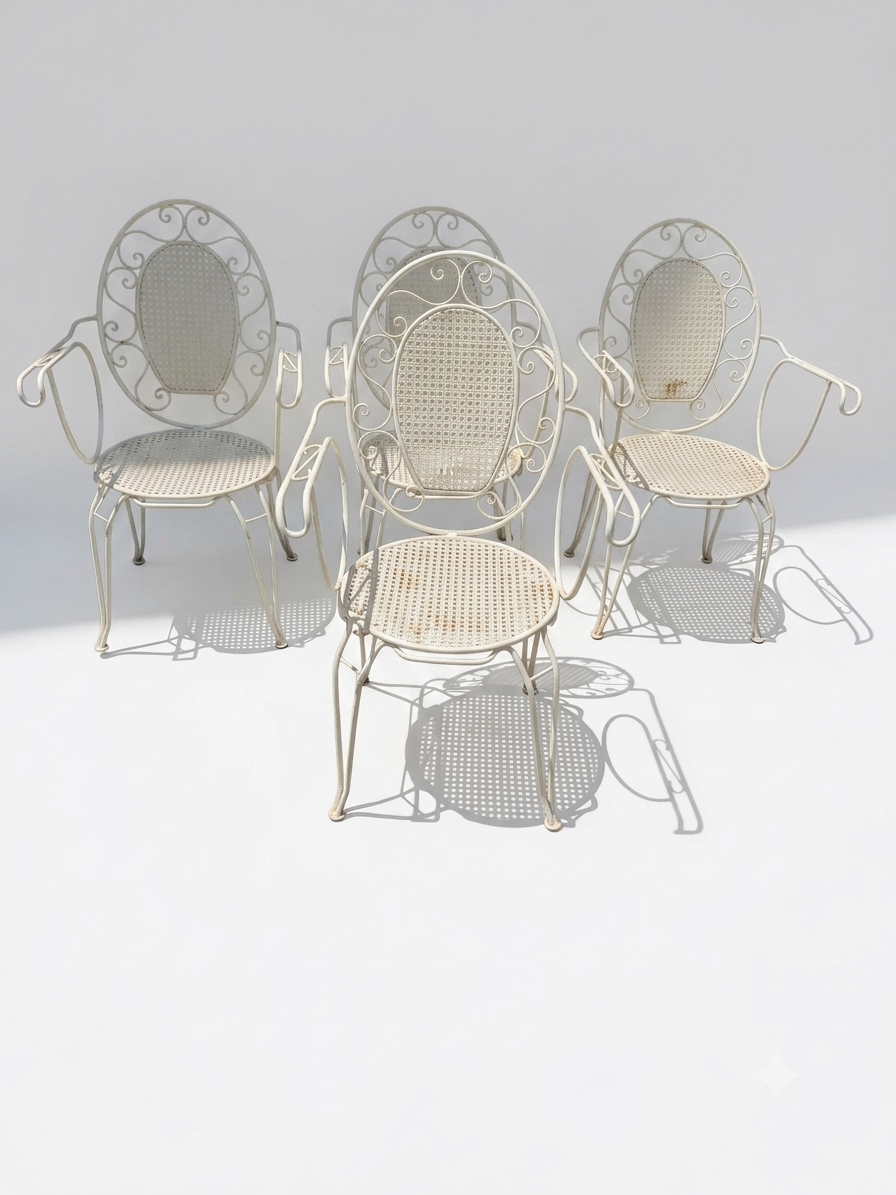 Set de 4 Sillas de Jardín Vintage en Hierro Forjado Blanco, Estilo Provenzal Francés